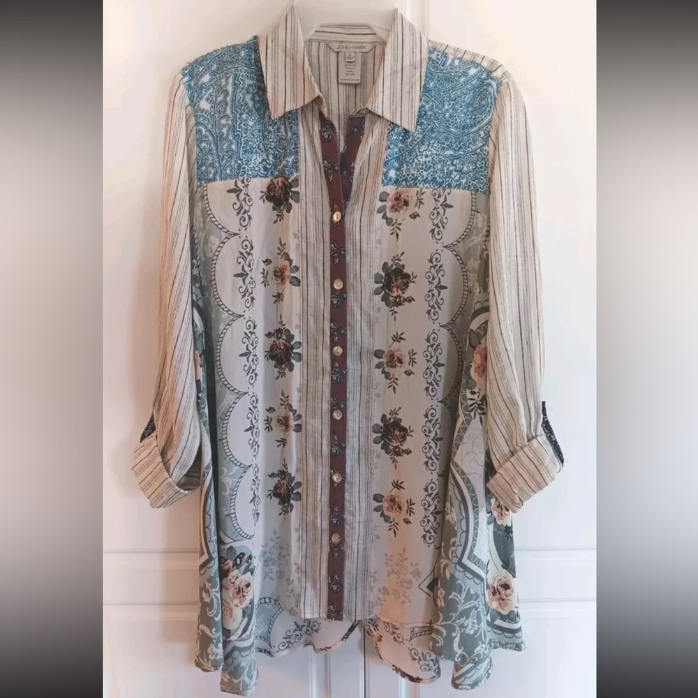 John Mark Button Up Tunic Top Mixed Print Floral Stripe Split Back Large